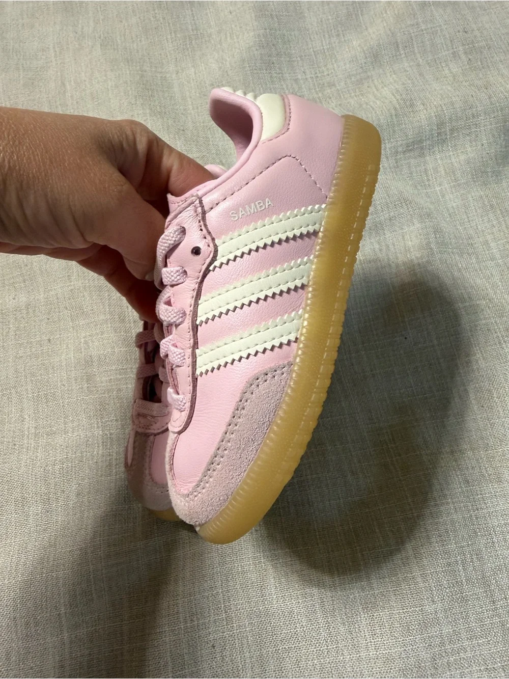 adidas Kids Light Pink Leather & Suede Sneakers with White Stripes